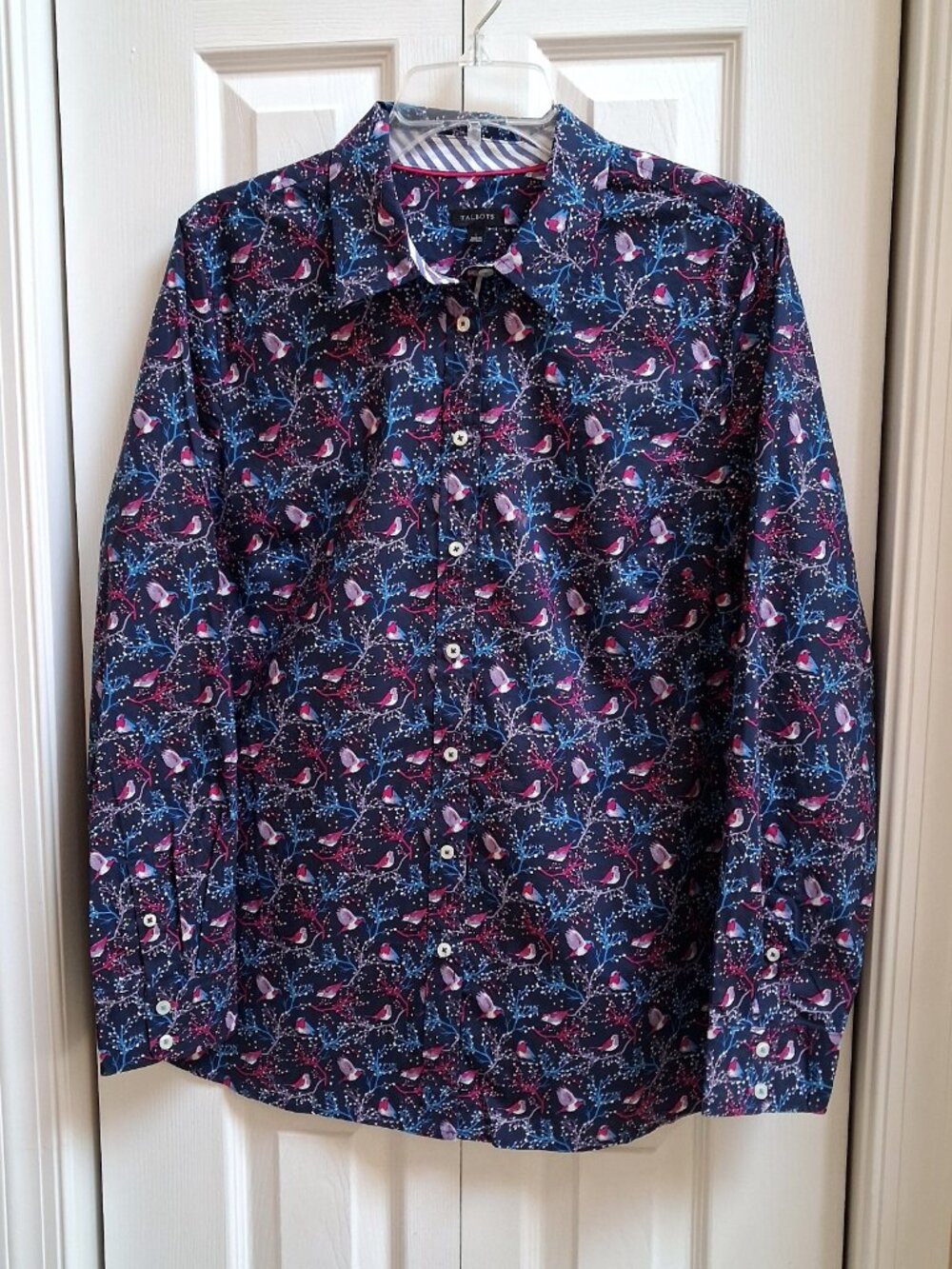 Talbots Navy Blue Bird Button Down Shirt sz L